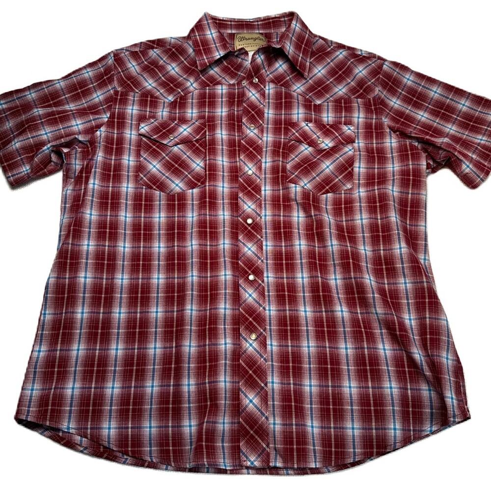 Wrangler Plaid Button Up Pearl Snap Shirt XL Rust Burgundy Cotton Blend